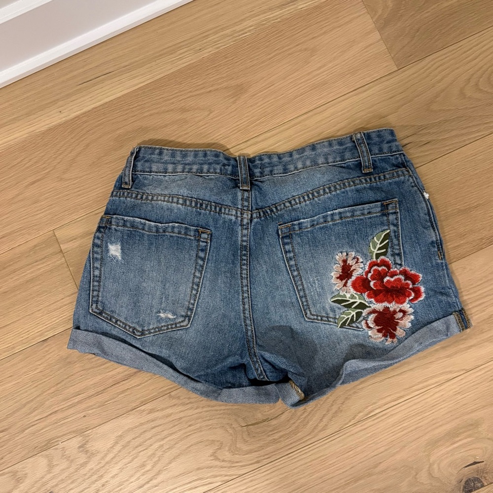 Forever 21 Blue Jean Shorts with Red Floral Embroidery